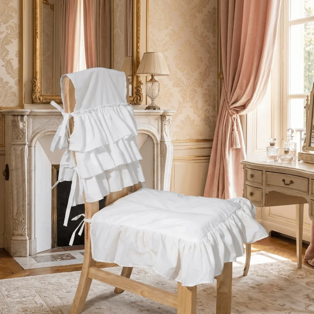 White French-Style Chair Cover Washable Decorative Chair Backrest Cover Strap Fixation Comfortable Ruffle Cushion Living Room