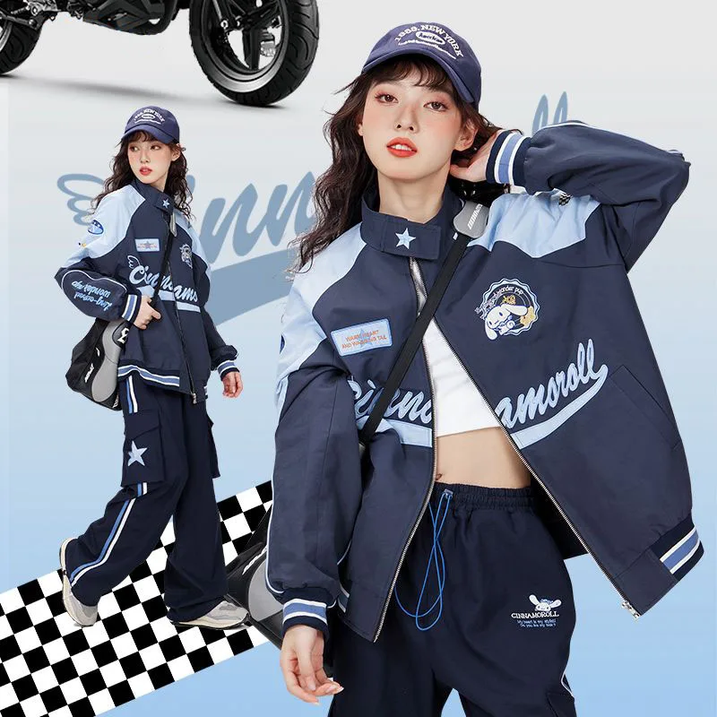 

New Kawaii Sanrios Cinnamoroll Kuromi My Melody Woman Racer Jacket Y2K Loose Girls Coat Leisure Embroidered Tops JK Clothes Gift