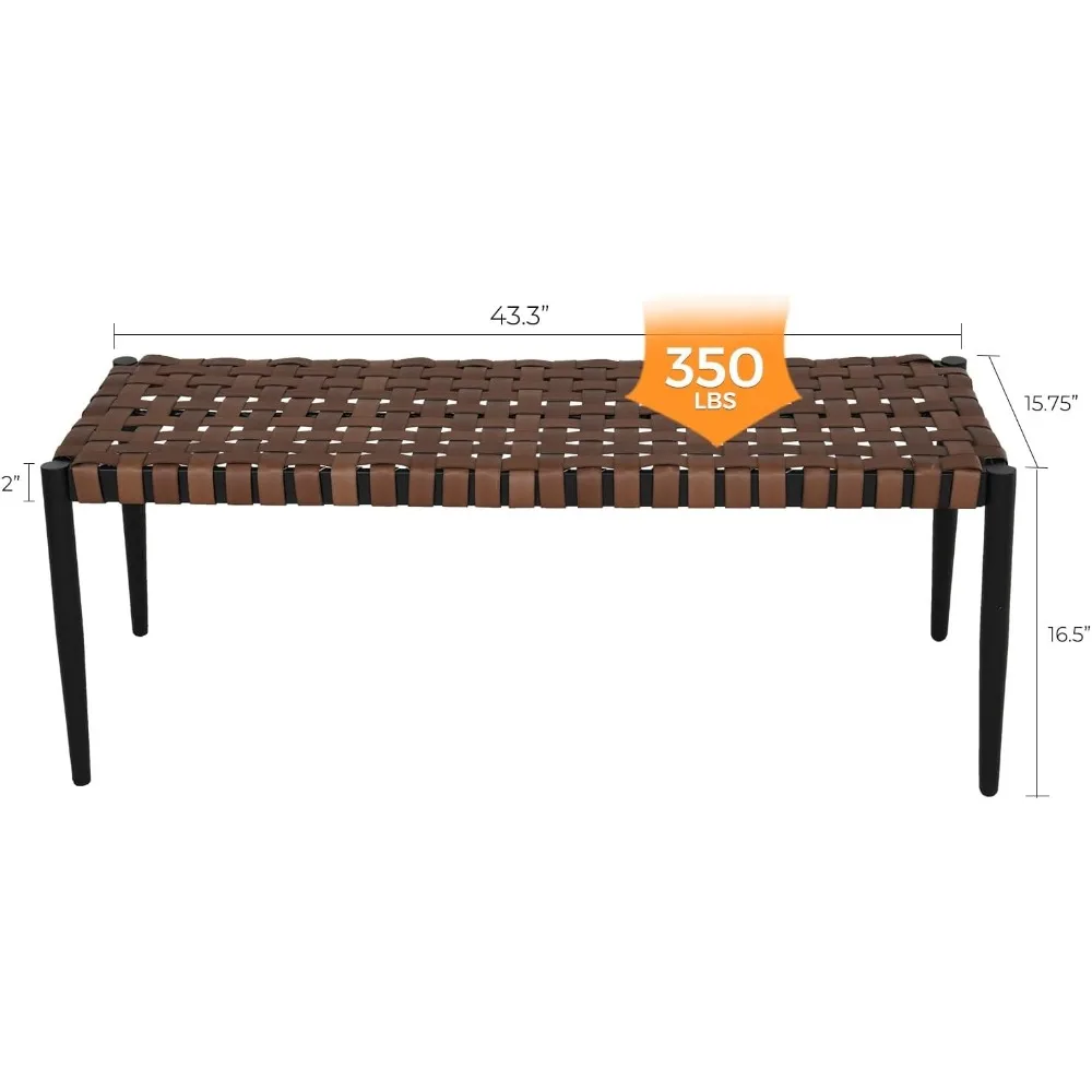 Grand patio Bench, 2-Seat Leather-Look Wicker Bench with Tapered Legs, Outdoor Bench for Small Front Porch Entryway