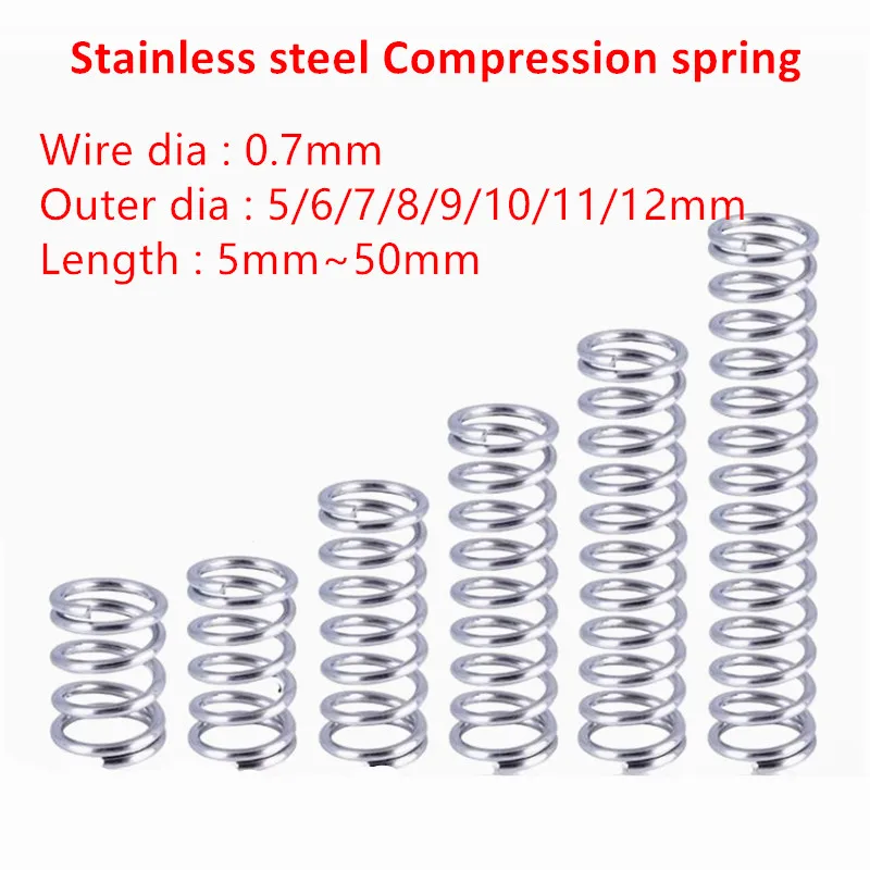 

50pcs/lot 0.7*D*10/15/20/25/30/35/40/45/50mm spring 0.7mm stainless steel Micro small Compression spring OD=5/6/7/8/9/10/11/12mm