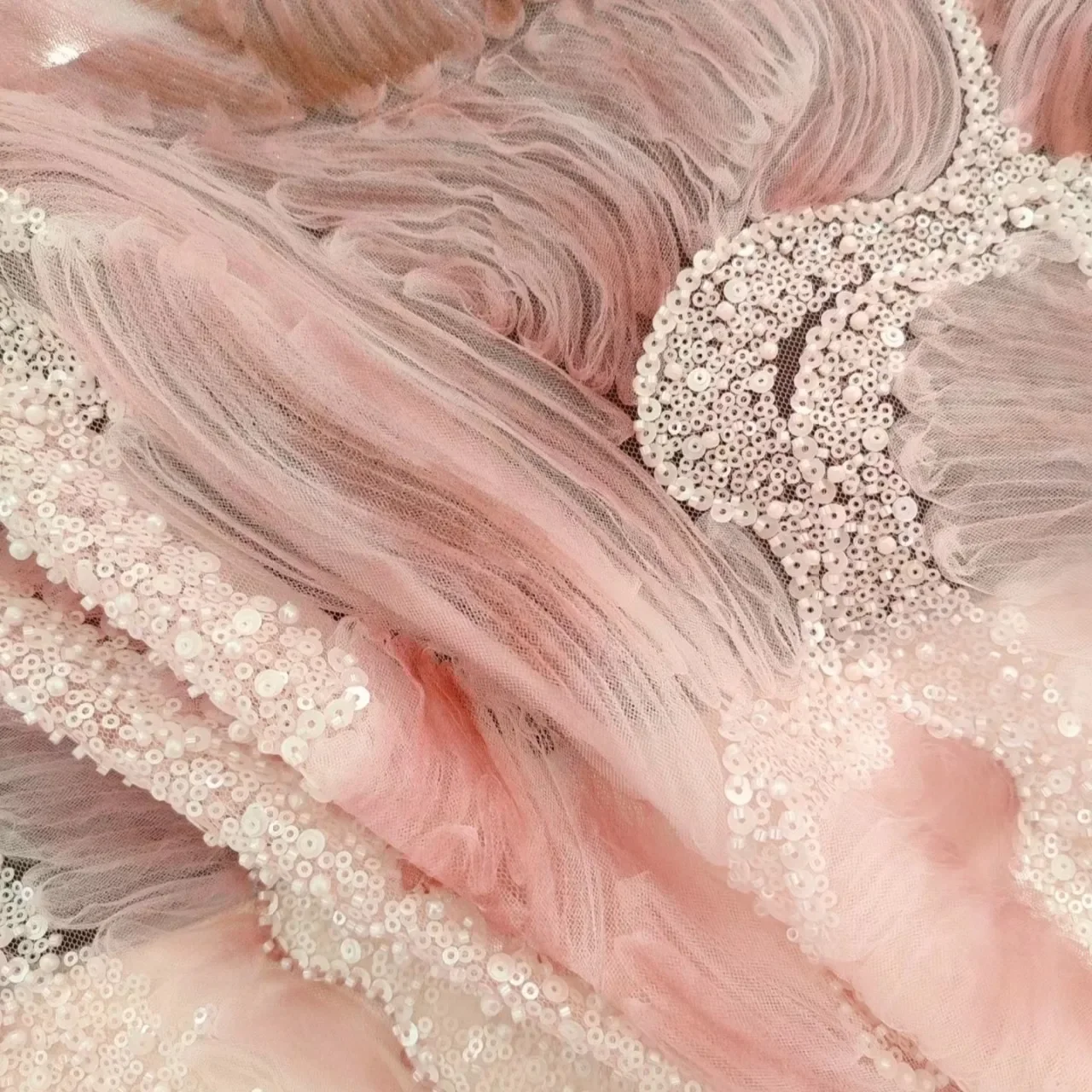 

Pink Blue Sequins Beaded Wedding Dress Gown Embroidered Fabric Lace Mesh Designer Fabric
