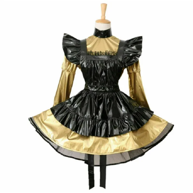 Siassy girl locable maid gold PVC dress uniform fake woman