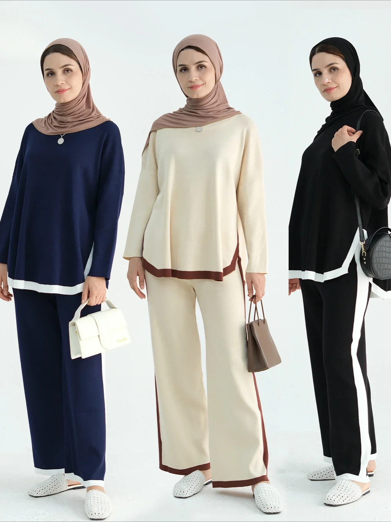 Muslim Winter Thick Two Piece Set Women Morocco Dubai Outfits Pullover Sweater Wide Leg Pants Knitting Suit Casual Ensemble 2025