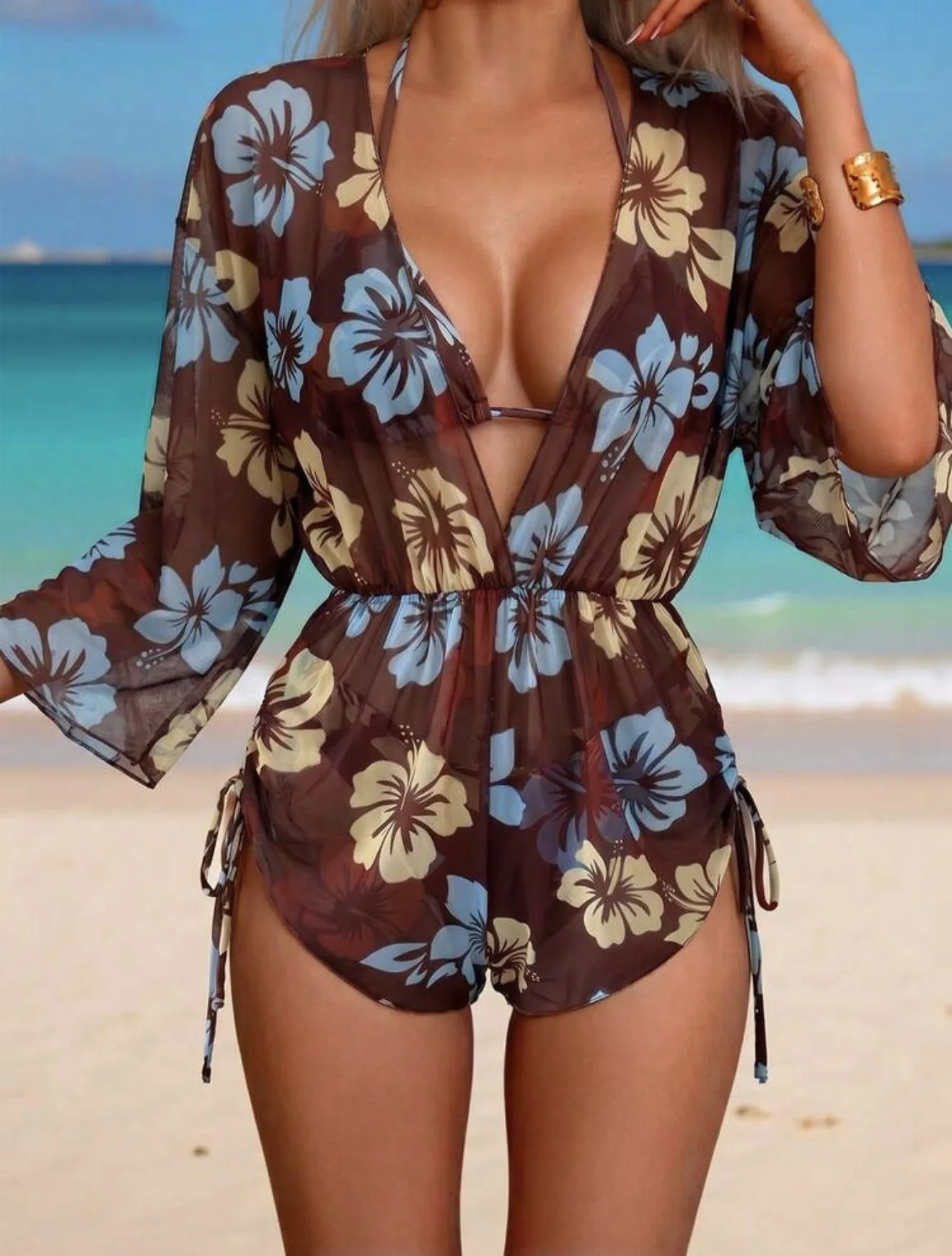 3 Piece Long Sleeve Mesh Swimsuit Set Women One Piece Printed Waist Cincher Drawstring Swimwear Beach Vacation Sexy Bathing Suit