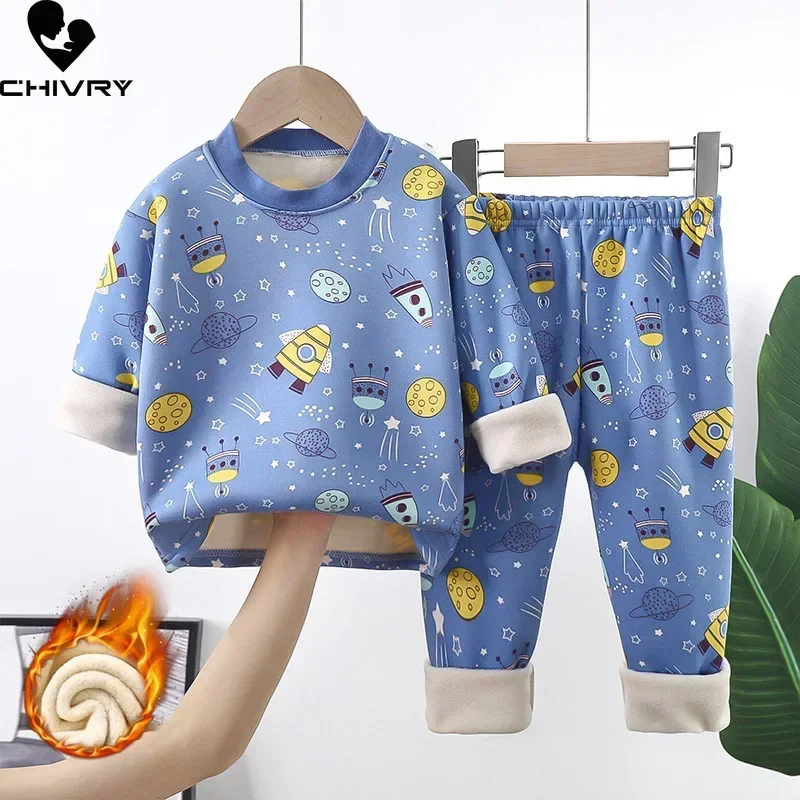 Pijamas gruesos y cálidos para niños y niñas, ropa de dormir de manga larga con dibujos animados, conjuntos de ropa de otoño e invierno, novedad de