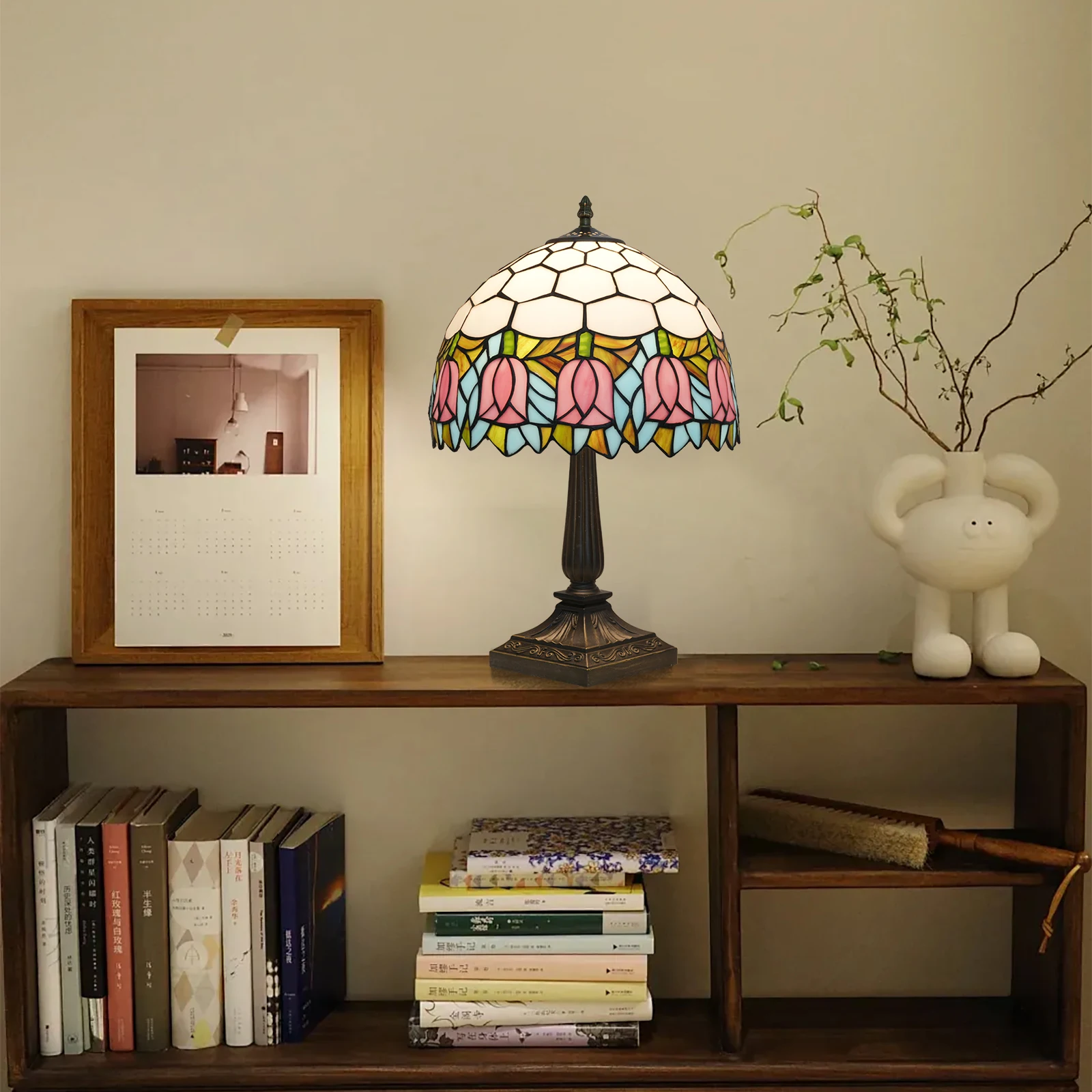 Tiffany Table Lamp,Pink Tulip Stained Glass Table Lamps for Bedroom Bedside Living Room,restaurant,Thanksgiving Mothers Gifts