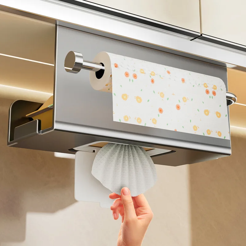 

Kitchen Wipes Dispenser Hanging Tissue Box Paper Towel Holder Wall Mounted Cabinet Shelf for Plastic Wrap Rag Storage Rack