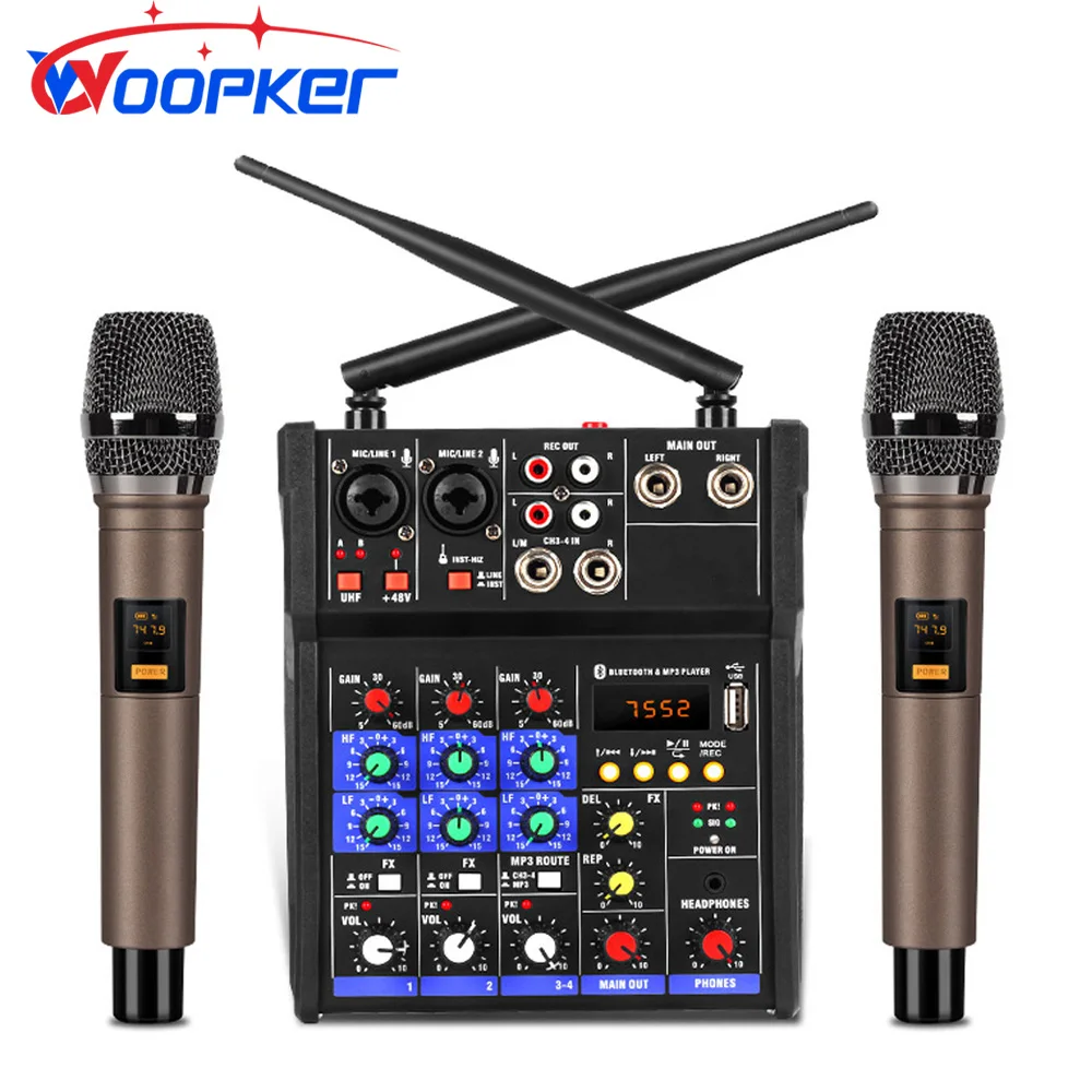 

Woopker Audio DJ Mixer 4 Channels Console with Wireless Microphone Sound Mixing Bluetooth Karaoke Recording Studio Table