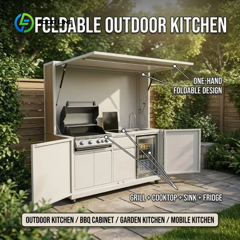 Customized Foldable Outdoor Kitchen Cabinet Patio Furniture Stainless All-in-One BBQ Station with Grill Cooktop Sink Fridge