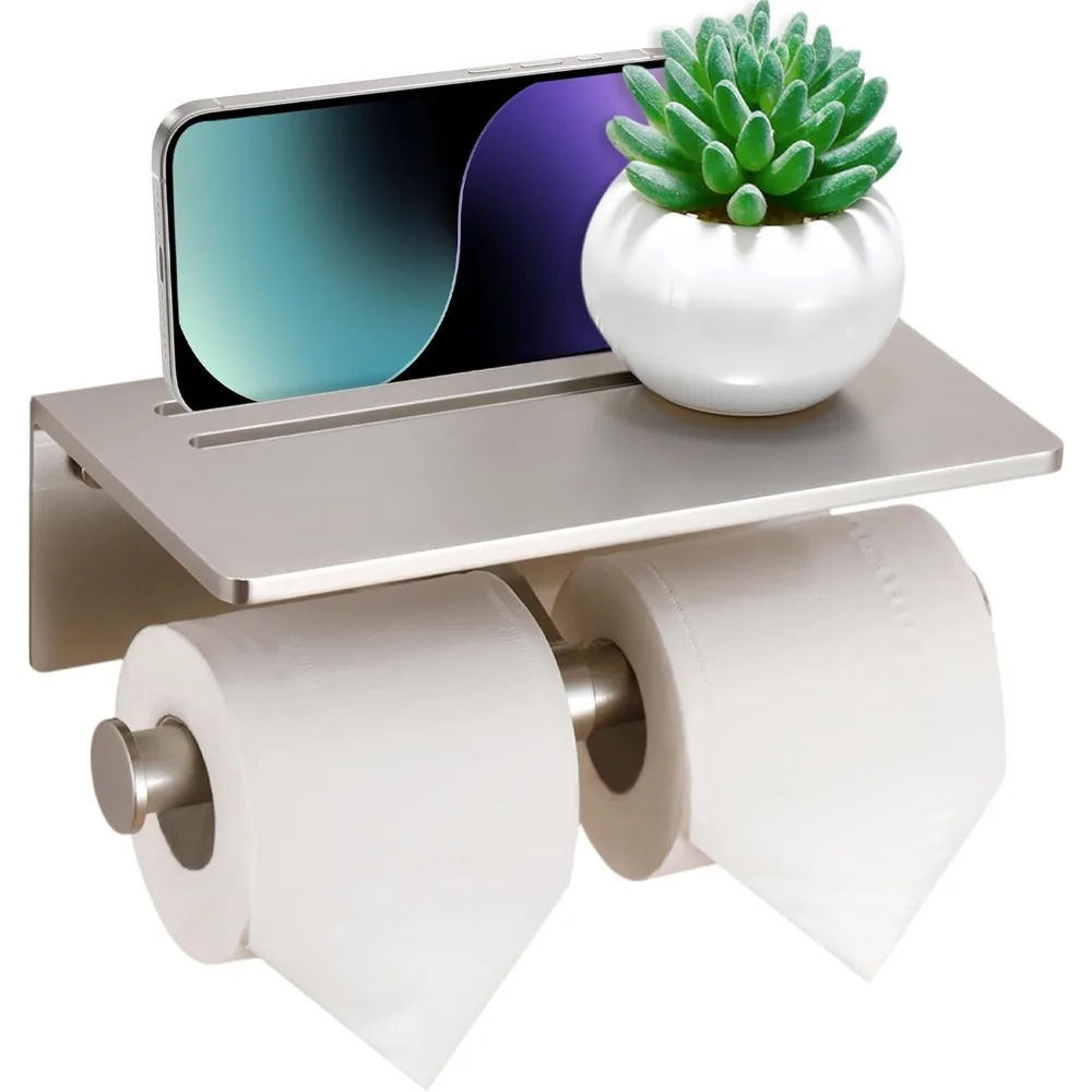 

Aluminum Double Roll Toilet Paper Stand with Phone Shelf, No Drill, 3M Adhesive for Bathroom Use