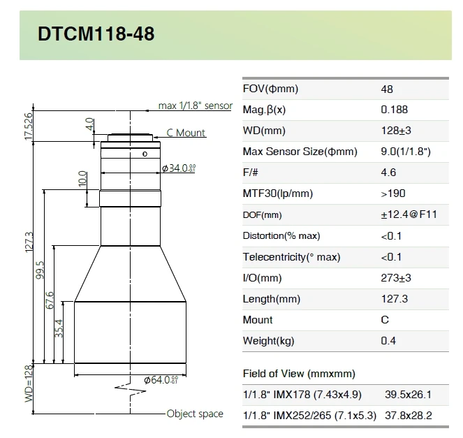 DTCM118-48 SQ ทำให้เลนส์กล้องถ่ายรูปอุตสาหกรรมมีความแม่นยำสูงเลนส์เทเลเซนติกแบบคู่ซีรีย์ DTCM118สำหรับกล้อง1.1.8"