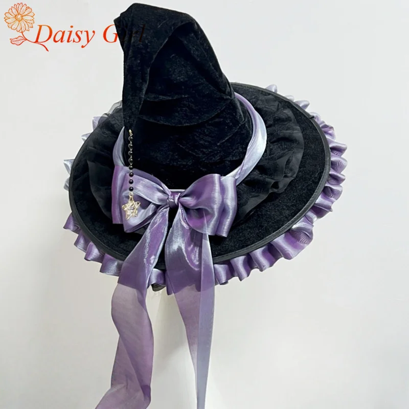 2025 New Handmade Large Brim Magic Milliner Halloween Headdress Lace Streamer Bow Lolita Witch Hat