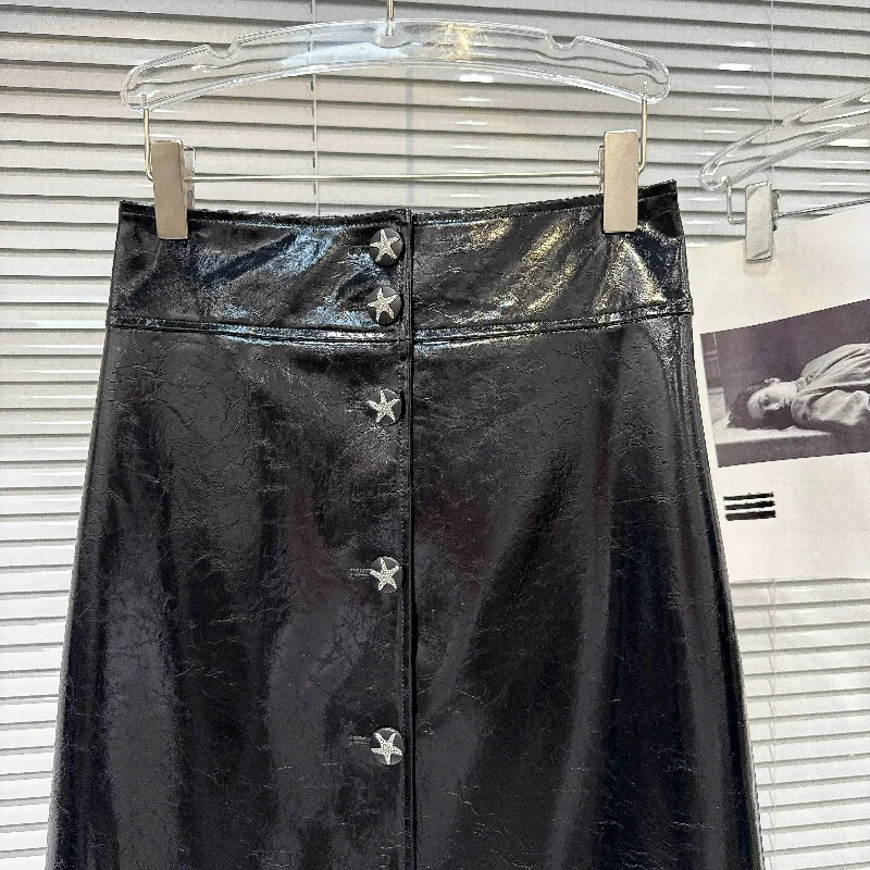 Women High Waist Faux Leather Midi Skirt Star Rhinestone Button Decor A Line Straight Mid Length Bottom Streetwear New Design