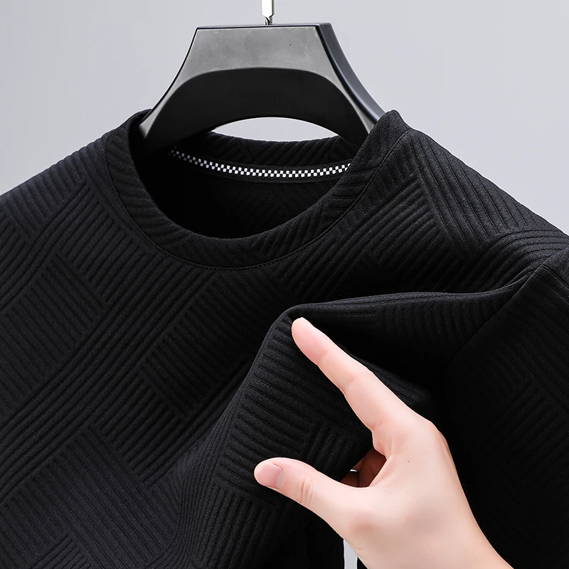 New Korean Mens Elasticity T-shirt Fashion Long Sleeve Sweatshirts Casual Men Round Neck Textured Top