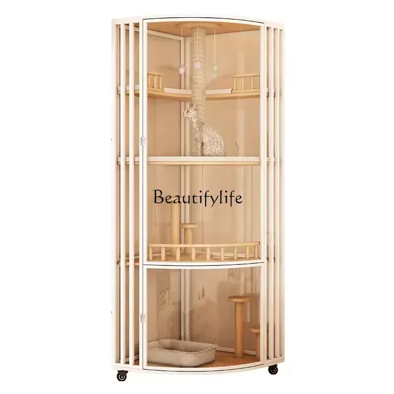 

Corner Full Door Cat Villa Triangle Fan-Shaped Cat Cage Solid Wood Glass
