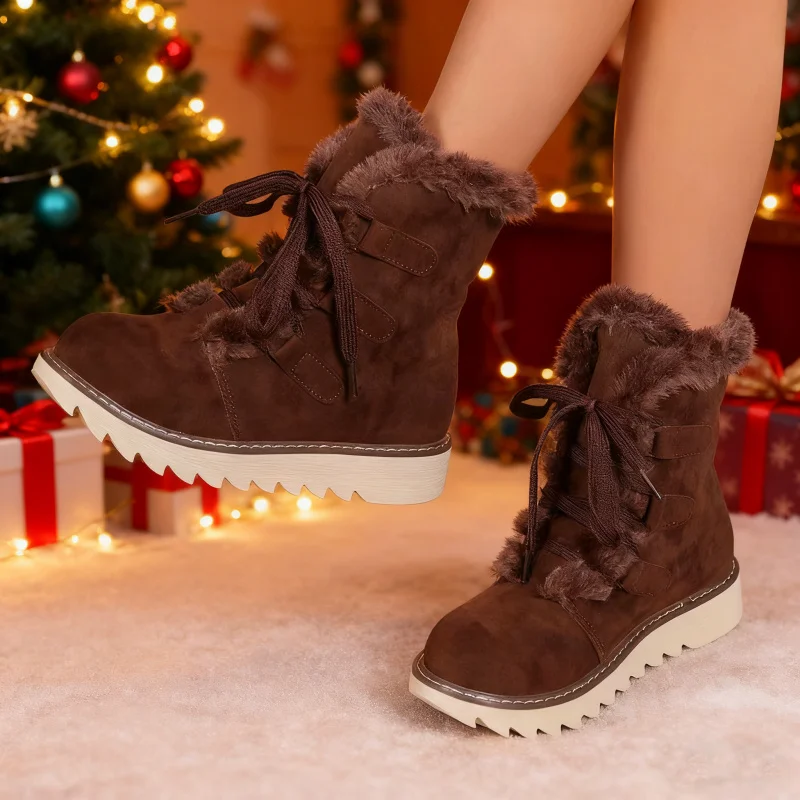

2025 New Arrival Christmas Snow Boots Women 36-43 Wide Width Lace-Up Fur Lined Flat Winter Shoes Fashion Outdoor