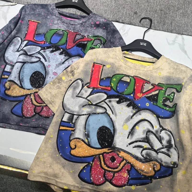 

High Quality New Cartoon Donald Duck Design O-Neck Short Sleeved T Shirt Women Loose Casual Versatile Washed Old Oversized Tops