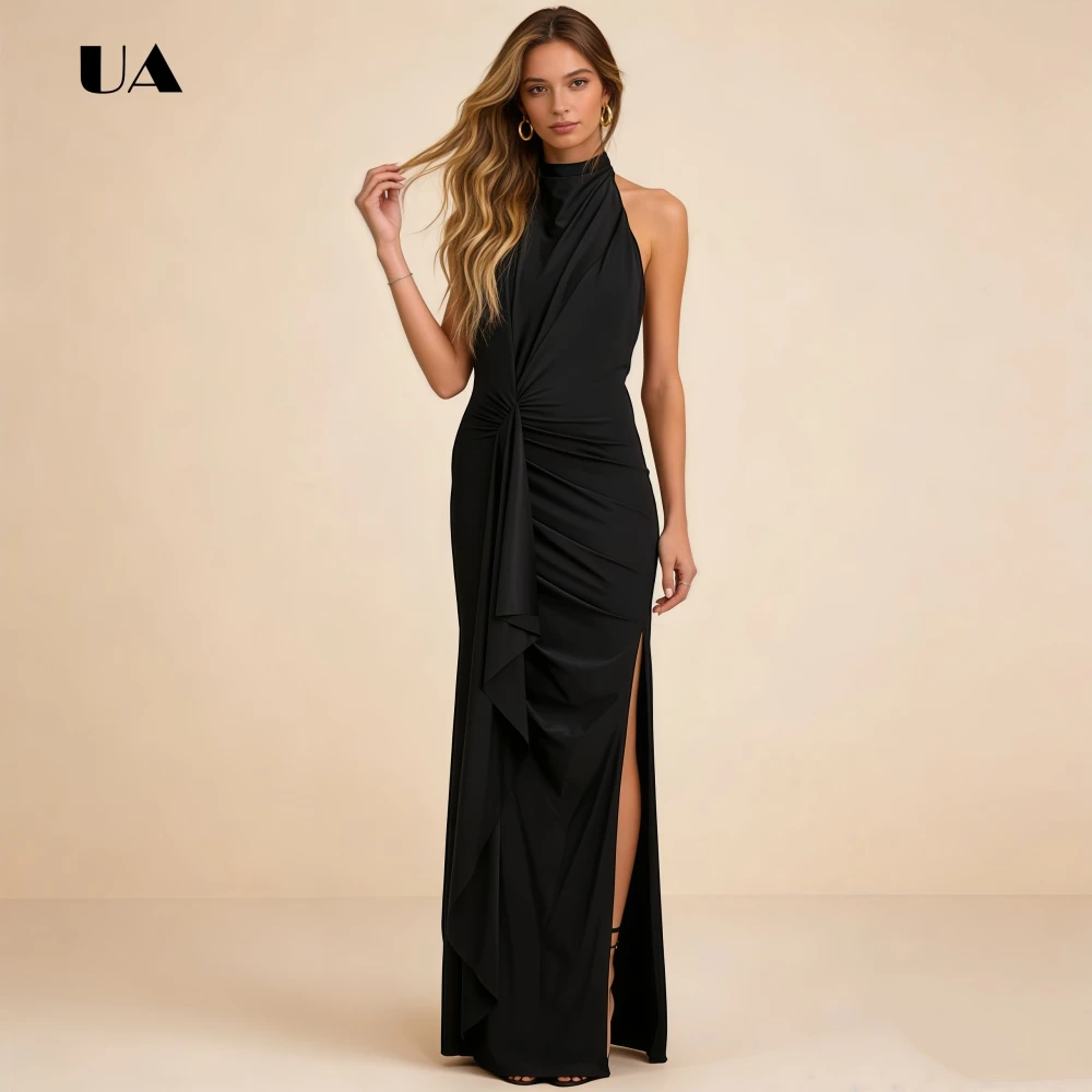 

ULBYANRY Sexy Halterneck Backless High-slit Party Dress, Solid Draped Evening Dress for Woman, Sleeveless Customized Prom Gown