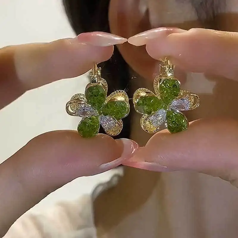 New Stitching Zircon Green Crystal Flowers Earrings for Women Personality Fashion Summer Accessories Party Jewelry Birthday Gift