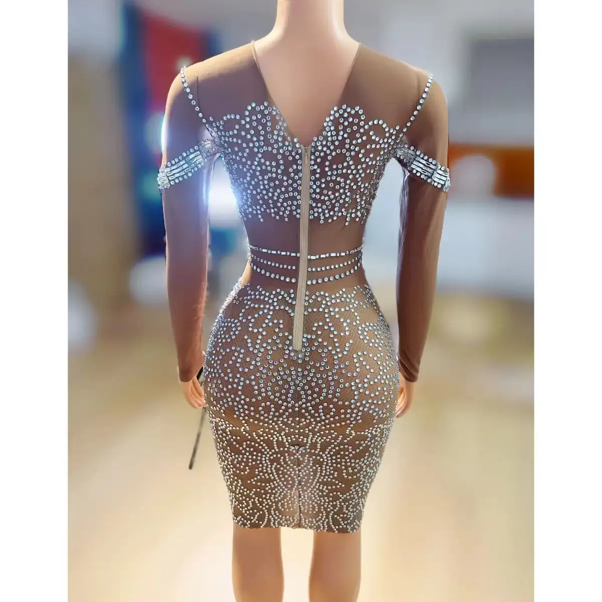 Perspective Mesh Full Diamond Sexy Bag Hip Skirt Nightclub DJ Bar Female Singer Dance Team Stage Costume Party Theme Show