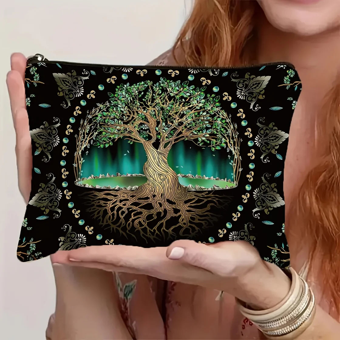 A tree of life pattern cosmetic bag-cute multifunctional zipper handbag, jewelry storage bag. - view 2