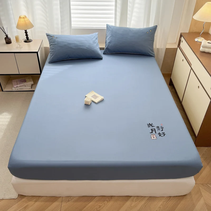 100%Cotton Solid Color Fitted Bed Sheet Embroidered Bed Sheet with Elastic 침대패드 Queen/King Size Bed Linen Soft sabanas 150x200