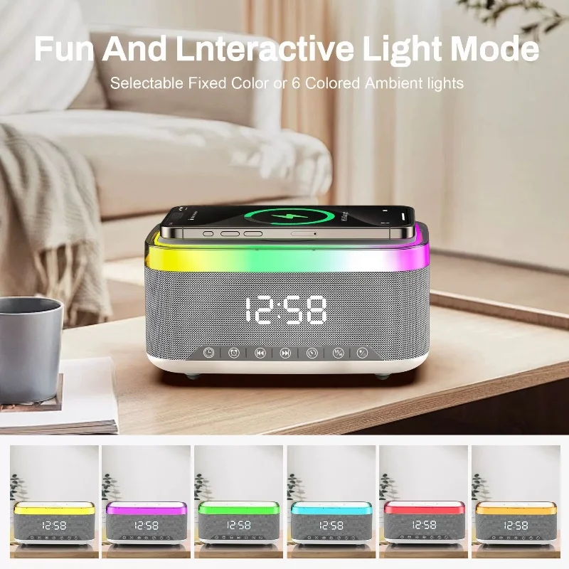 

A911 6in1 Smart Bluetooth Speaker with LED Digital Alarm Clock FMRadio TFCard Playback Wireless Charger Bedside Desktop MoodLamp