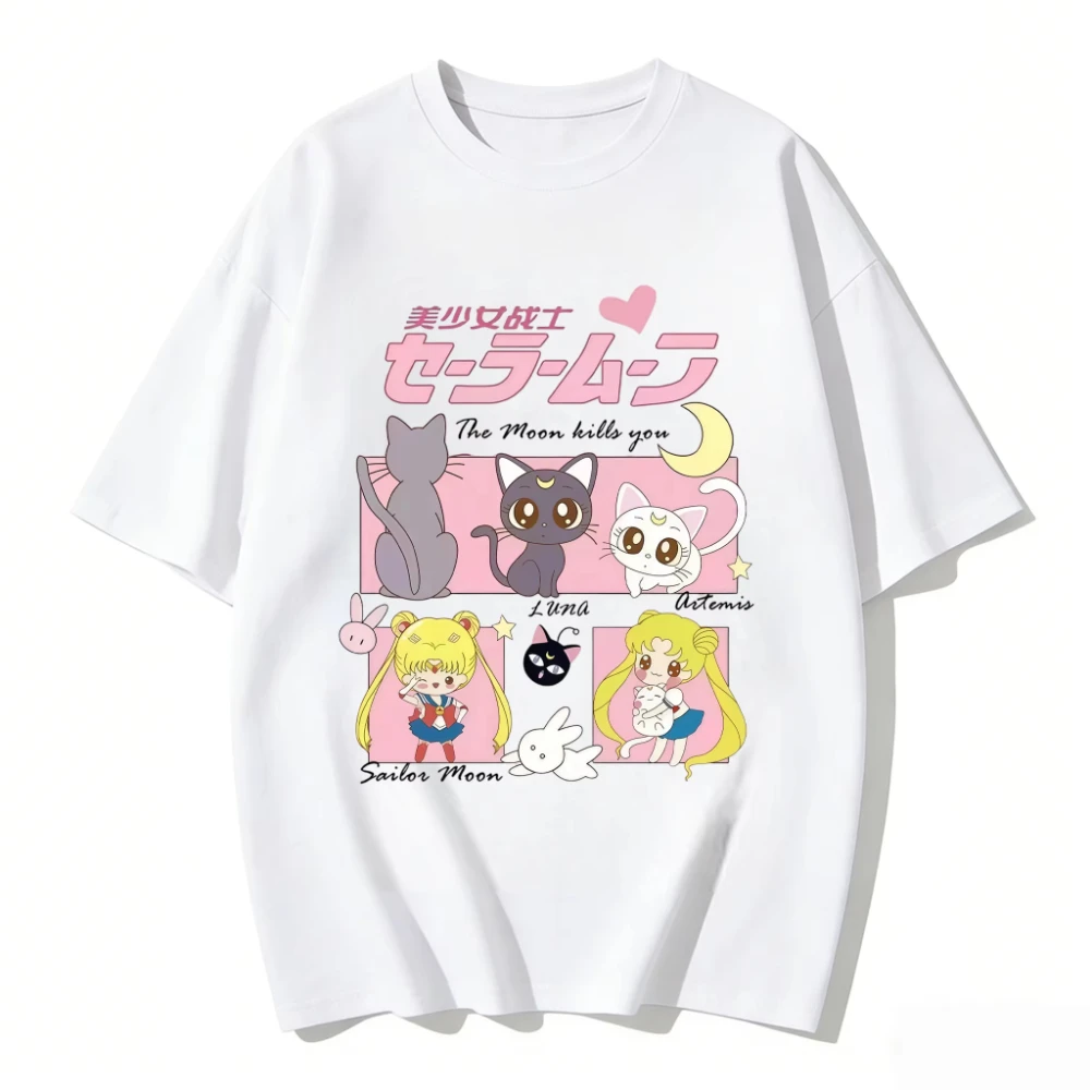 2026 Anime Sailor Moon T-shirt Unisex Cotton Short Sleeve Tee Usagi Luna Cat Panel Print Oversized Kawaii Streetwear Top