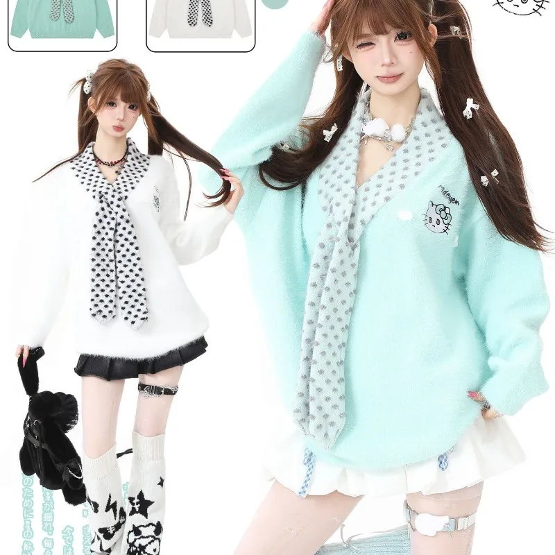 

Sanrio Hello Kitty Embroidery Women'S Sweater Polka Dot Scarf Design Y2k Women Faux Mink Fleece Top Sweet Cartoon Knit Cardigan