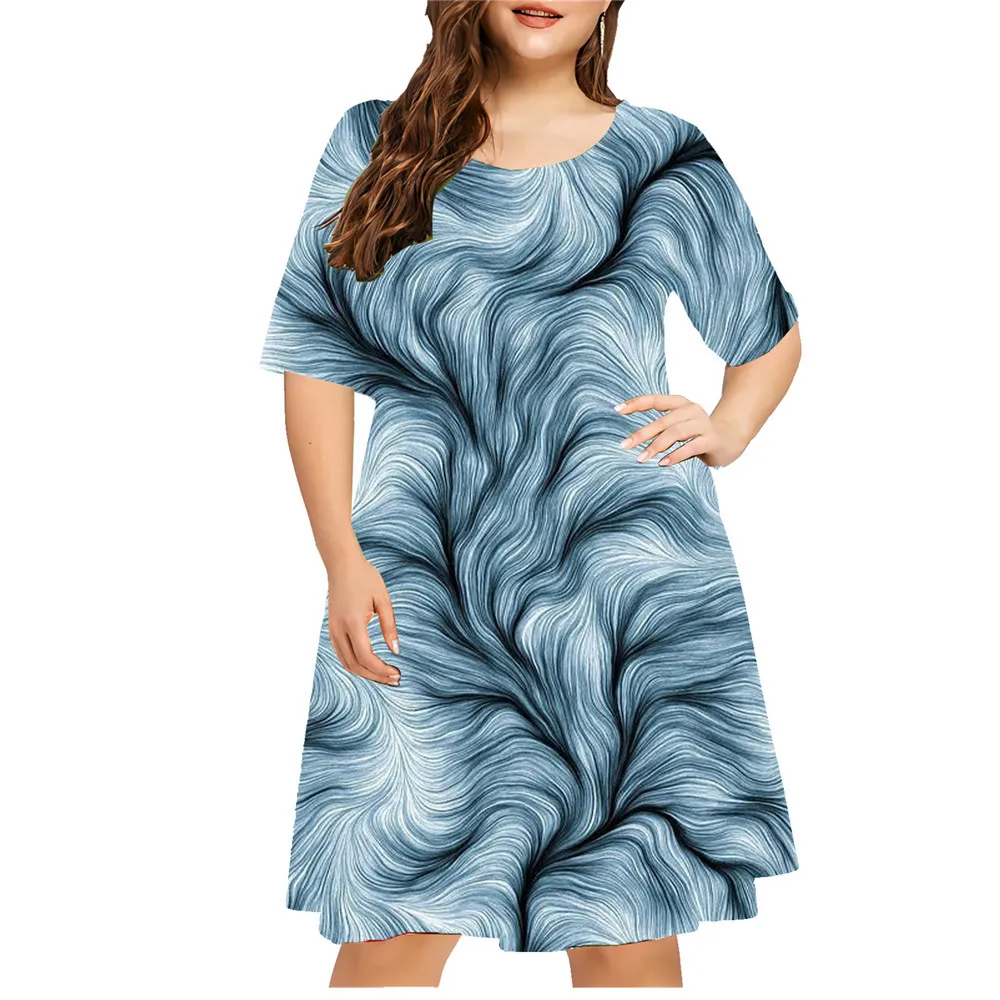 Geometry Striped Women\'S Dresses Big Size Casual 3D Print Loose Plus Size Dress Summer Fashion Short Sleeve Ladies New Clothing