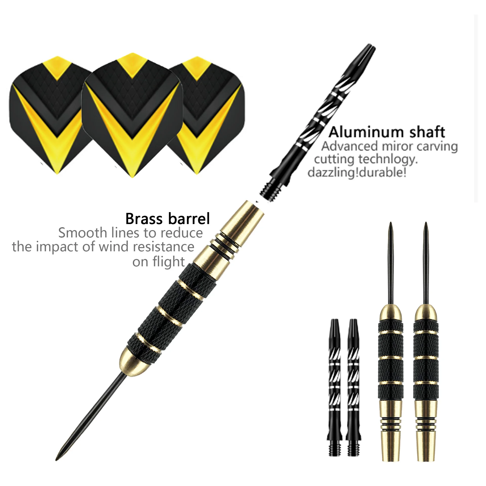 Set di freccette con punta in acciaio per freccette 24g Freccette professionali in ottone Punta in metallo Alberi in alluminio nero 3 voli 6 O-ring in gomma