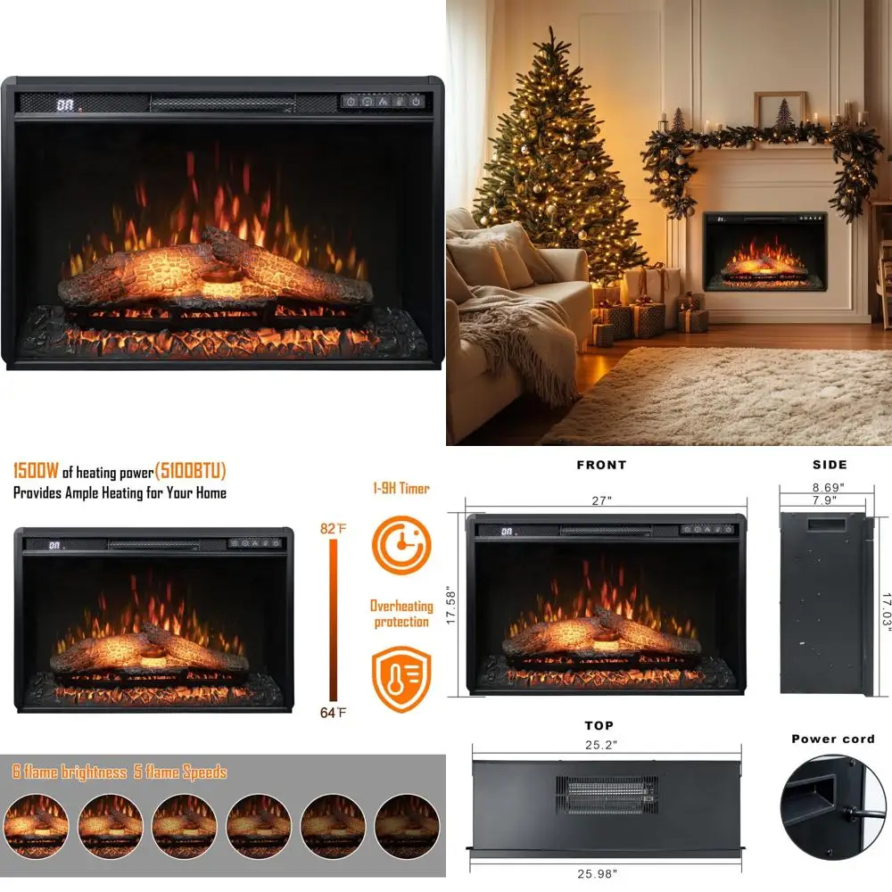 26 Wall-Mounted Electric Fireplace, 1500W Recessed Insert with Remote, Timer, Adjustable Brightness & Speed, Safety Overheat Pro