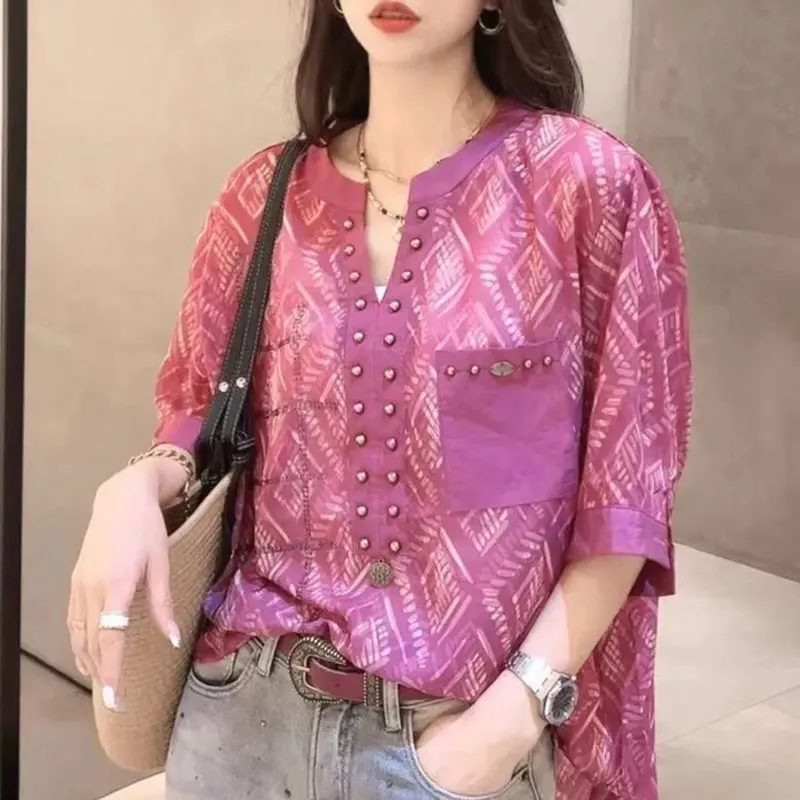 Women\'s Clothing Vintage Printed Shirt Commute Fashion Pockets Spliced Beading Summer Casual Half Open Collar Straight Blouse