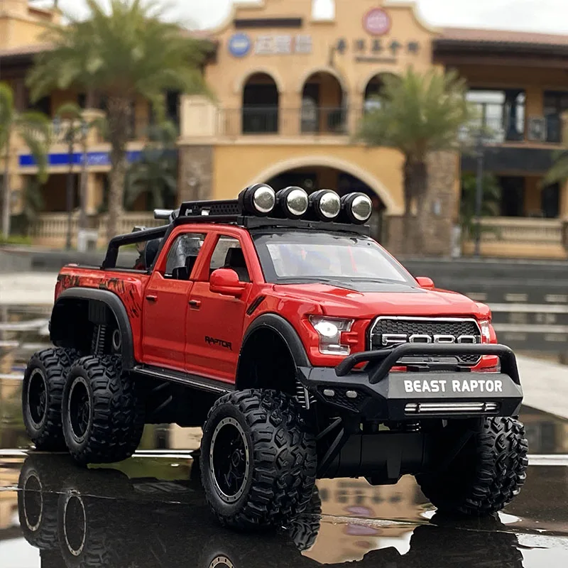 Ford Raptor F150 – grande roue en alliage moulé sous pression, modèle de voiture avec son et lumière, jouets pour enfants, cadeaux de noël, 1:28