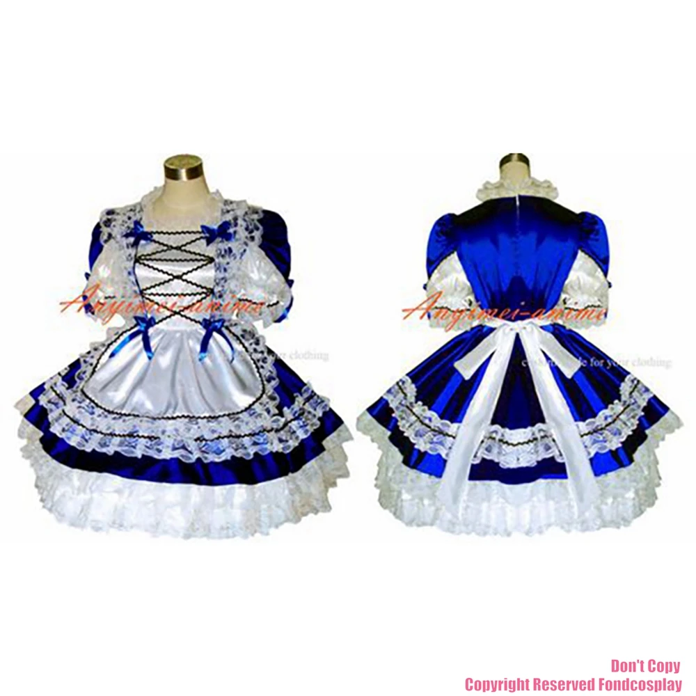 fondcosplay adult sexy cross dressing sissy maid short blue satin dress lockable Uniform white apron costume CD/TV[G286]