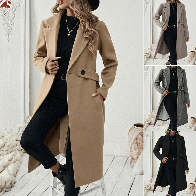 Women Blend Spliced Solid Long Cardigan Skinny Pockets Turn Down Collar Jackets Wool Button Slim Fit Jacket Casual Lady Autumn