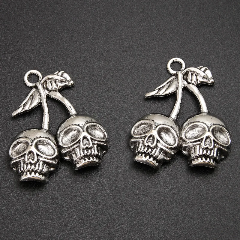 10pcs Silver Color 38.5x32mm Cherry Skull Skeleton Charms Halloween Pendant For DIY Handmade Metal Jewelry Making Accessories