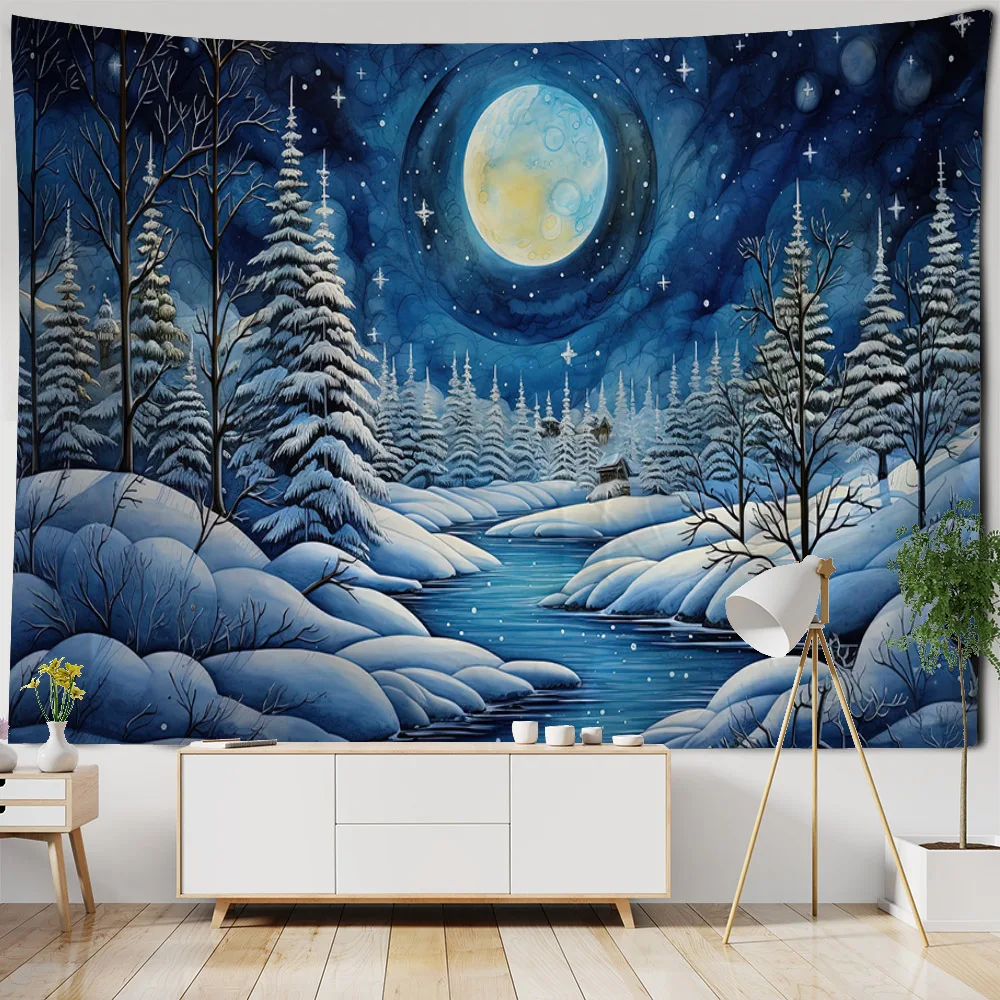 Winter Snowscape Illustration Tapestry Christmas Decoration Background Cloth Poster Home Living Room Bedroom Wall Hanging