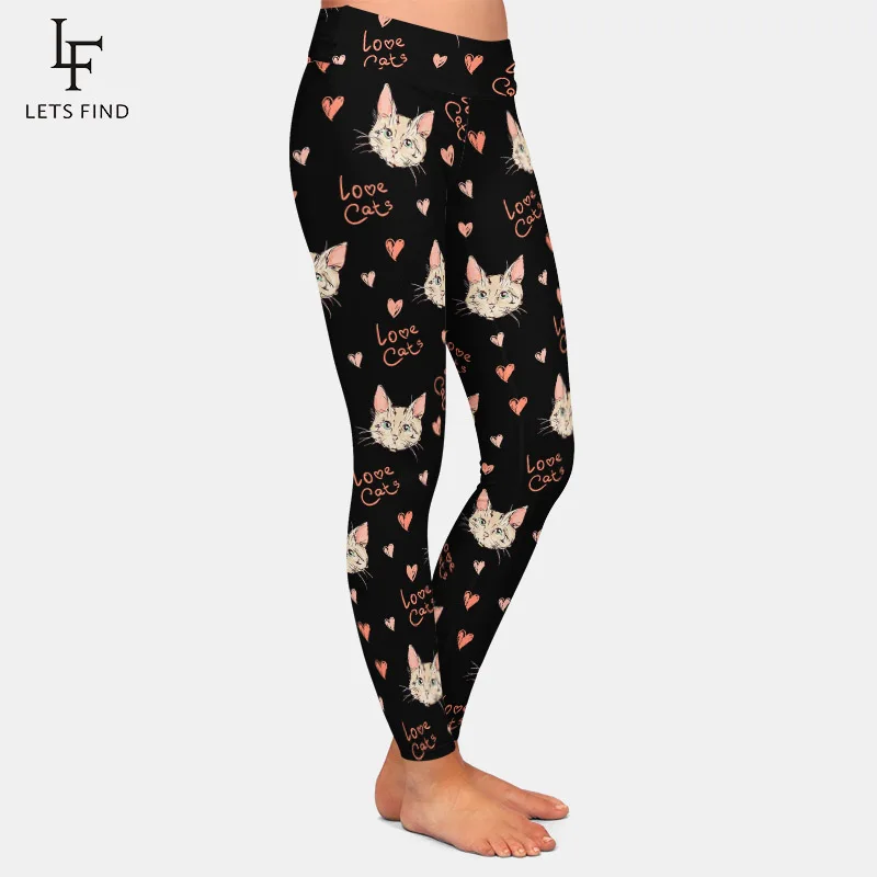 LETSFIND New 220gsm Double Side Brushed Milk Silk Print Women Pants Fashion Love Cats Print High Waist Soft Leggings