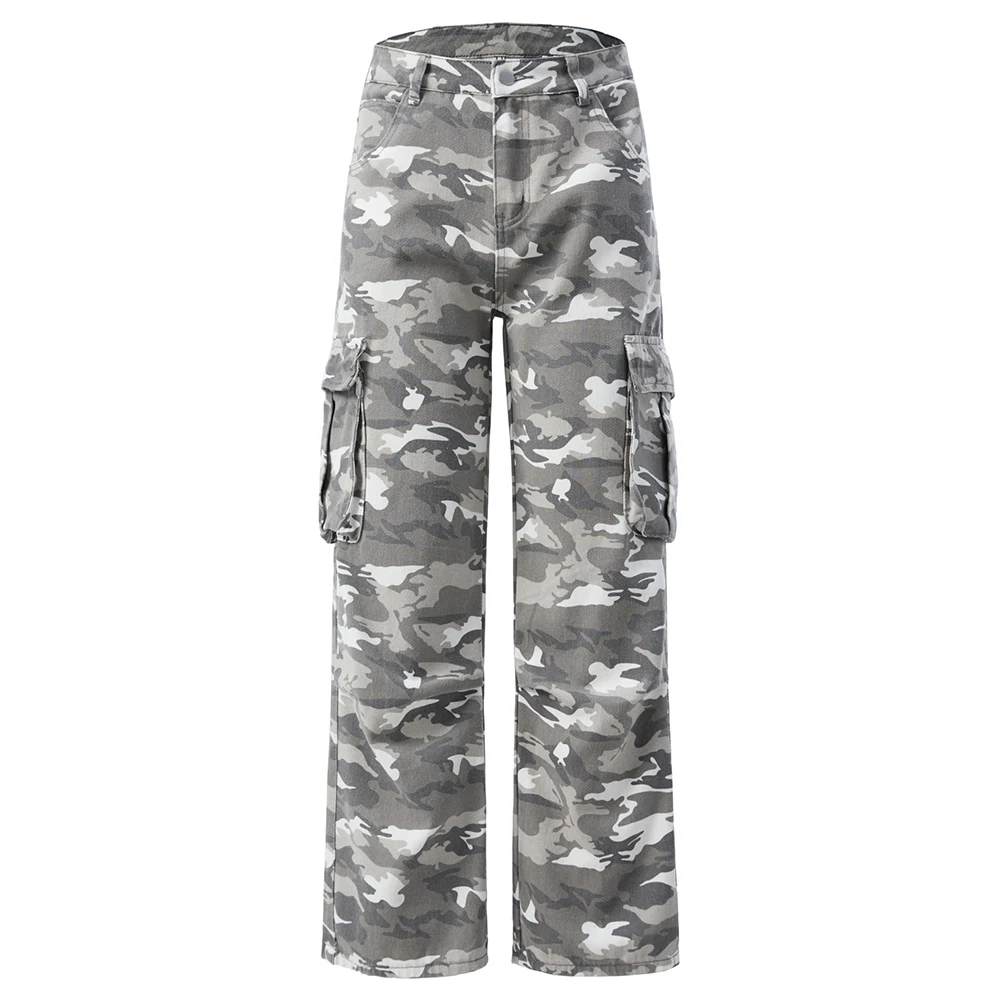 

Men's Camouflage Print Jeans Multi-Pocket Cargo Denim Pants Casual Loose Straight Utility Trousers Workwear Streetwear