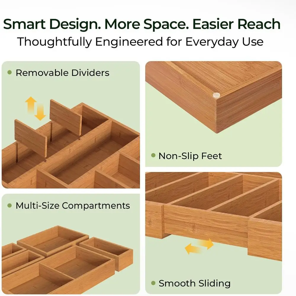 Organisateur de tiroir en bambou à 6 compartiments, 2,2 de profondeur pour ustensiles de cuisine, bureau, cosmétiques et plus encore avec base antidérapante