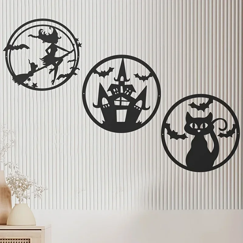 HELLOYOUNG Metal Home Decoration Halloween Witch Cat Bat Castle Pattern Frameless Pendant Creative Iron Art Metal Wall Hanging D