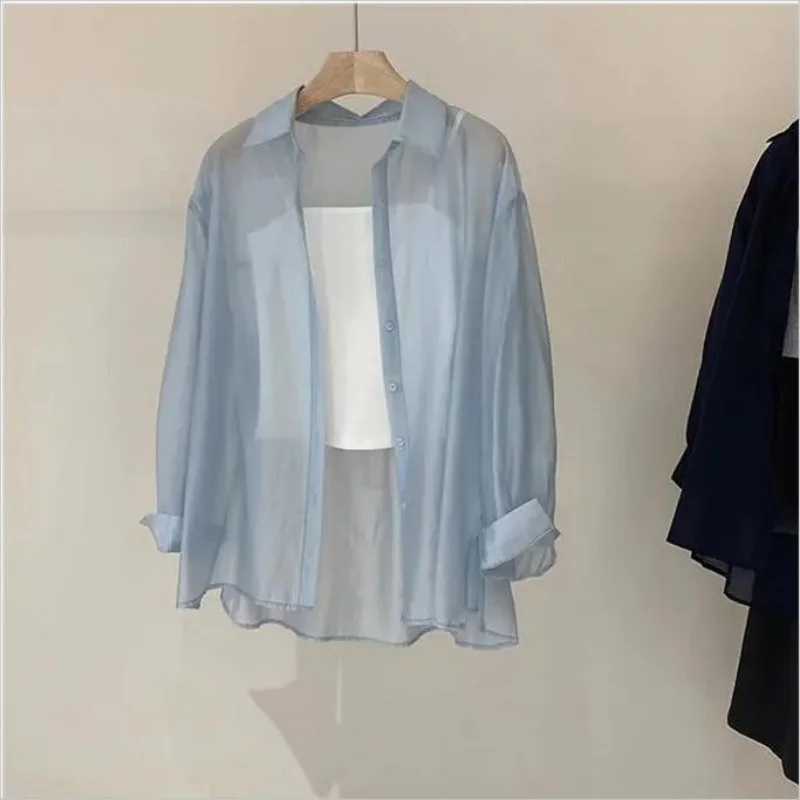 See Through Chiffon Blouses Women New Summer Long Sleeve Loose Sun Protection Shirts Woman Fashion Holiday Beach Shirts Female