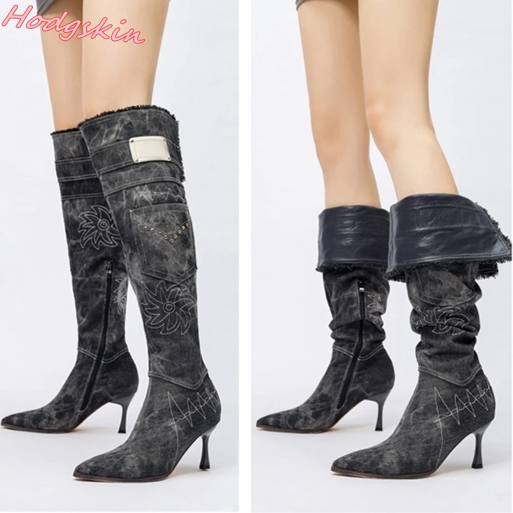 Hot Girl Two-wear Stiletto Pile Boots Women Pointed Toe Knee High Boots Retro Embroidery Denim Sexy Fashion High Boots Hot Sale