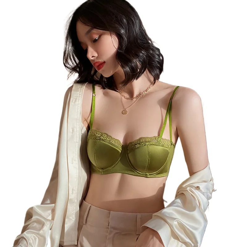 KUCLUT  Thin Section Women's Big Breasts Show Small Gathered Breasts Anti-sagging French Sexy Lace Half Cup Beautiful Back Bra