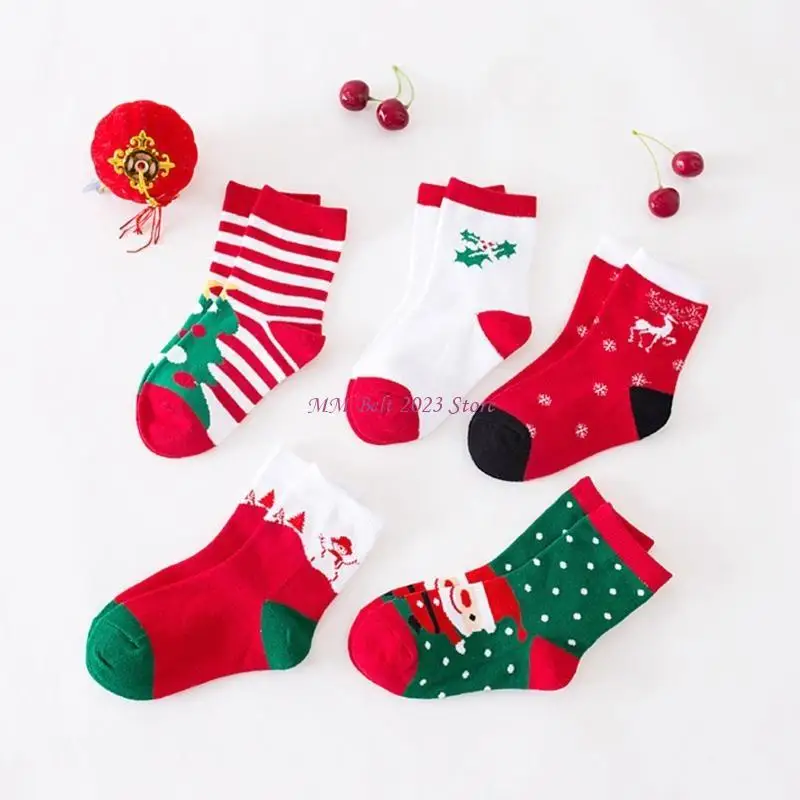 

49ME 5 Pairs Kids Baby Christmas Cotton Socks Cartoon Elk Xmas Tree Snowman Santa Print Children Holiday Hosiery