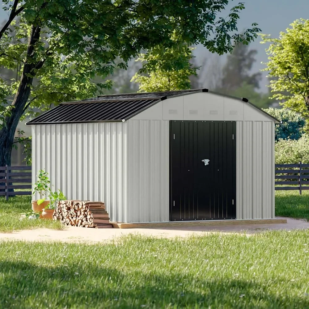 10 X 12 FT Barn Style Metal Storage Shed for Outdoor, Steel Yard Shed with Design of Lockable Doors, Utility and Tool Storage