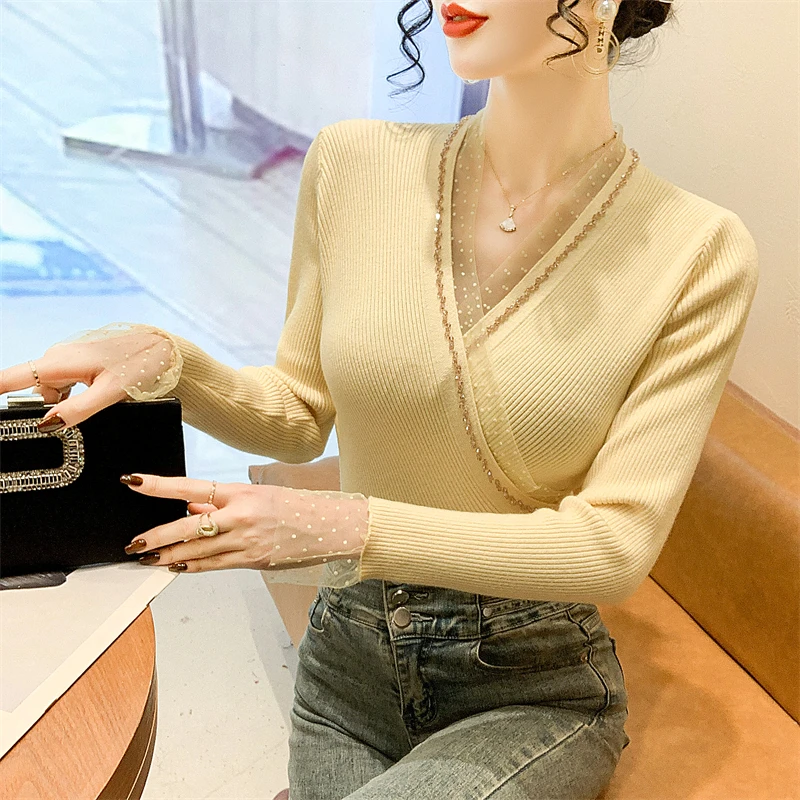 

Сексуальный вязаный свитер с крестом и V-образным вырезом, женский осенне-зимний модный асимметричный длинный свитер с бисером, длинный светящийся базовый свитер irt для внутренней одежды