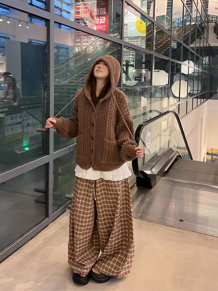 

American Retro Twisted Hat Sweater Cardigan Women's Autumn Winter Lazy Sle Knitted Top Coat Ins Thi Warm Long Sve Coat