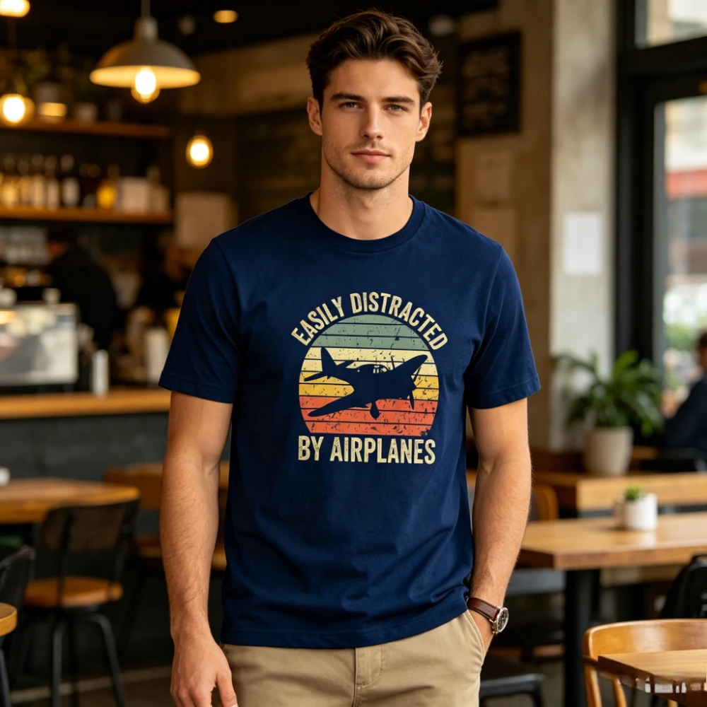 Funny Pilot Gift T-Shirt Easily Distracted By Airplanes Vintage Propeller Plane Tee Casual Airplane Lover Print Top for Men